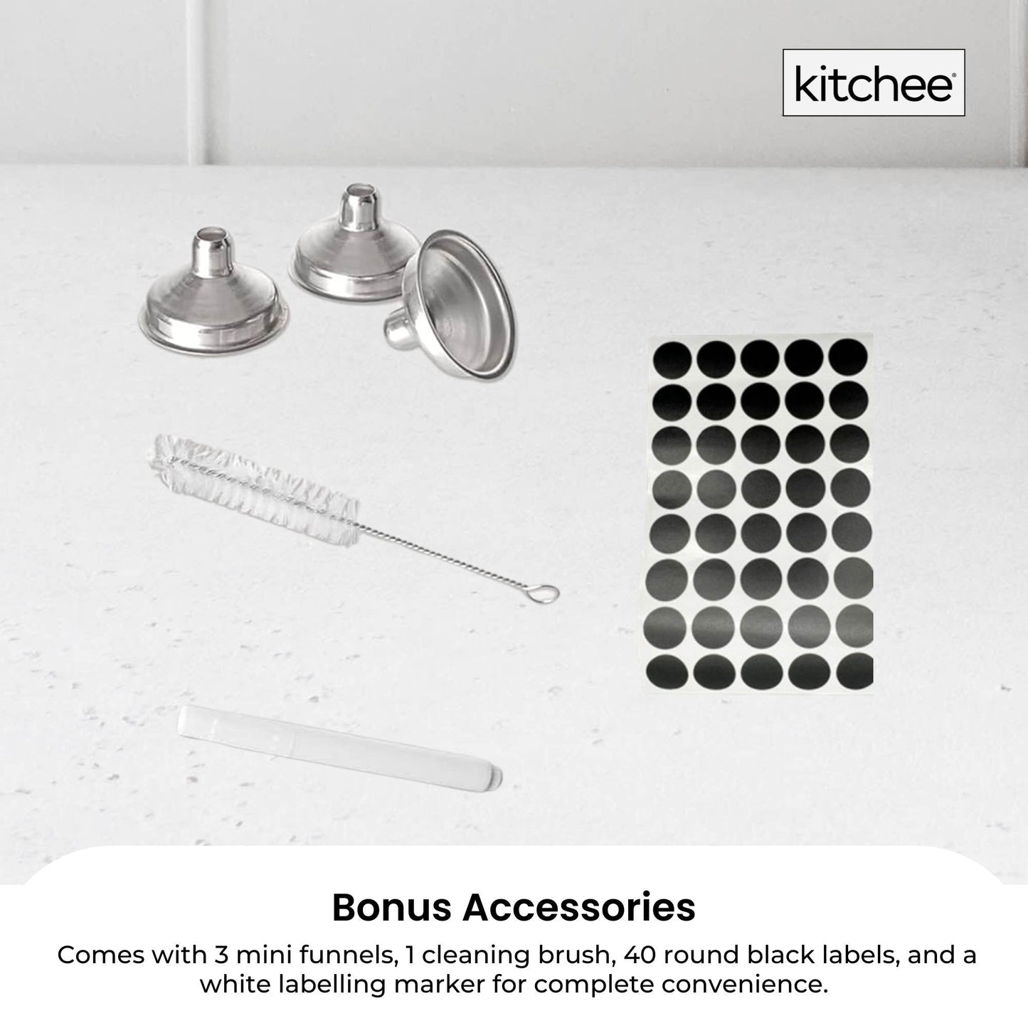 Kitchee 12x 60ml Small Glass Bottles + Lids Funnels Brush Labels Pen