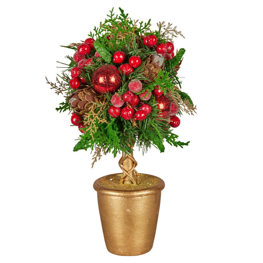 36cm Christmas Tabletop Topiary Tree Pre-Decorated Berries, Baubles & Pine Cones Gold Pot Twisted Stem Festive Decoration