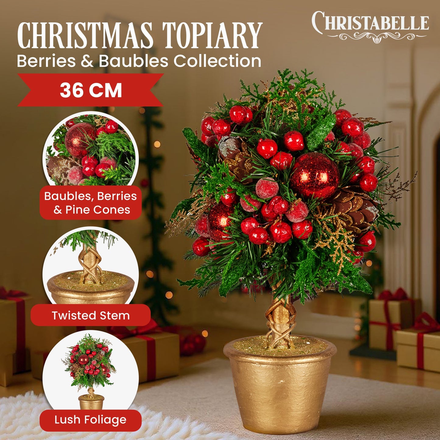 36cm Christmas Tabletop Topiary Tree Pre-Decorated Berries, Baubles & Pine Cones Gold Pot Twisted Stem Festive Decoration