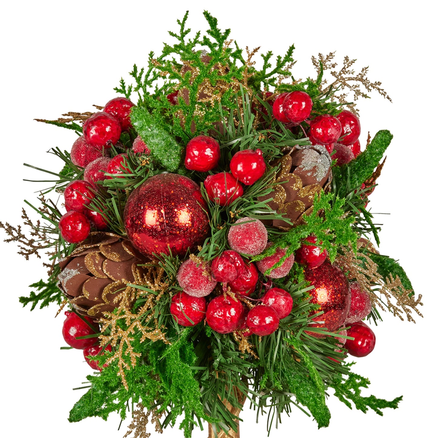 36cm Christmas Tabletop Topiary Tree Pre-Decorated Berries, Baubles & Pine Cones Gold Pot Twisted Stem Festive Decoration