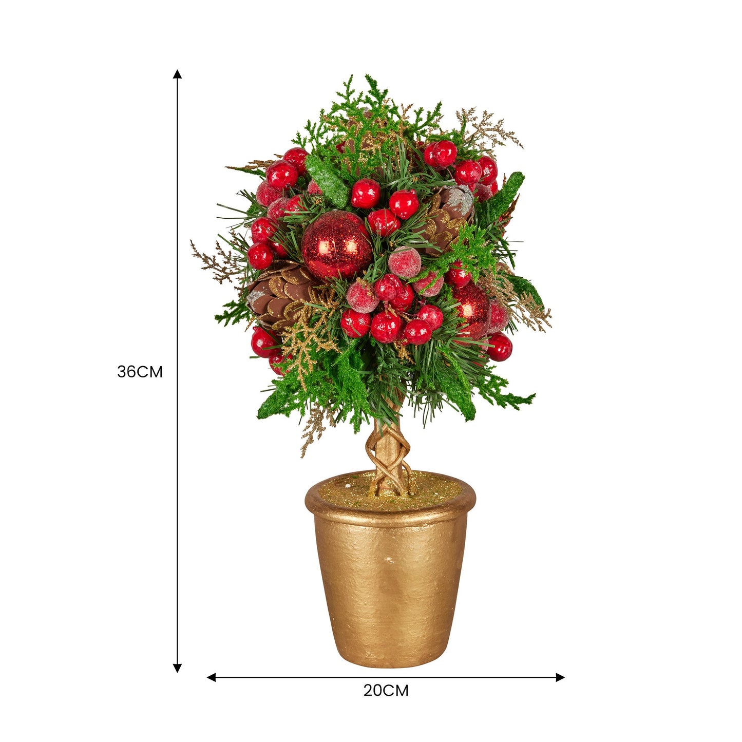 36cm Christmas Tabletop Topiary Tree Pre-Decorated Berries, Baubles & Pine Cones Gold Pot Twisted Stem Festive Decoration
