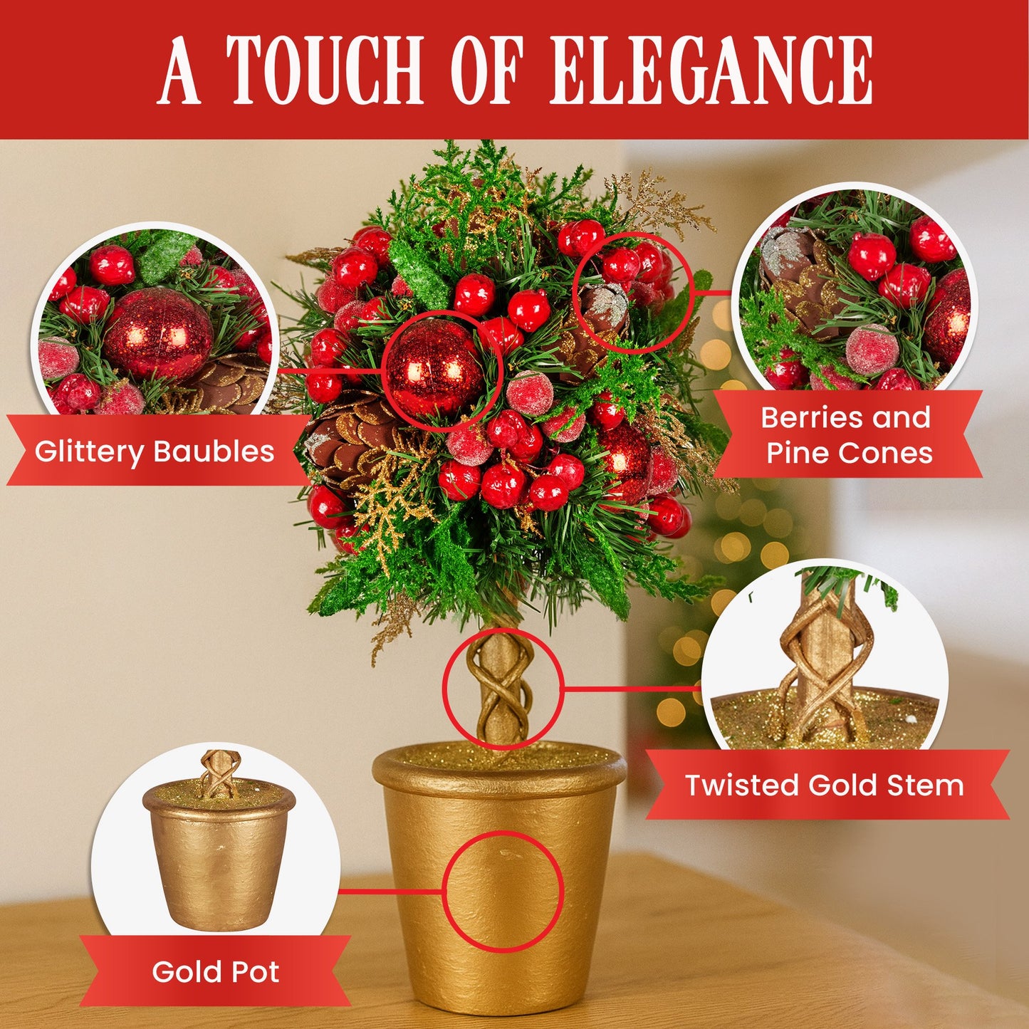 36cm Christmas Tabletop Topiary Tree Pre-Decorated Berries, Baubles & Pine Cones Gold Pot Twisted Stem Festive Decoration