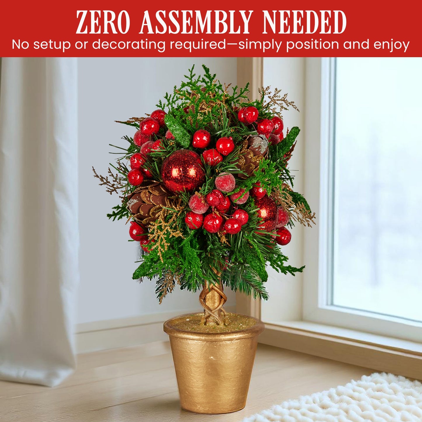 36cm Christmas Tabletop Topiary Tree Pre-Decorated Berries, Baubles & Pine Cones Gold Pot Twisted Stem Festive Decoration