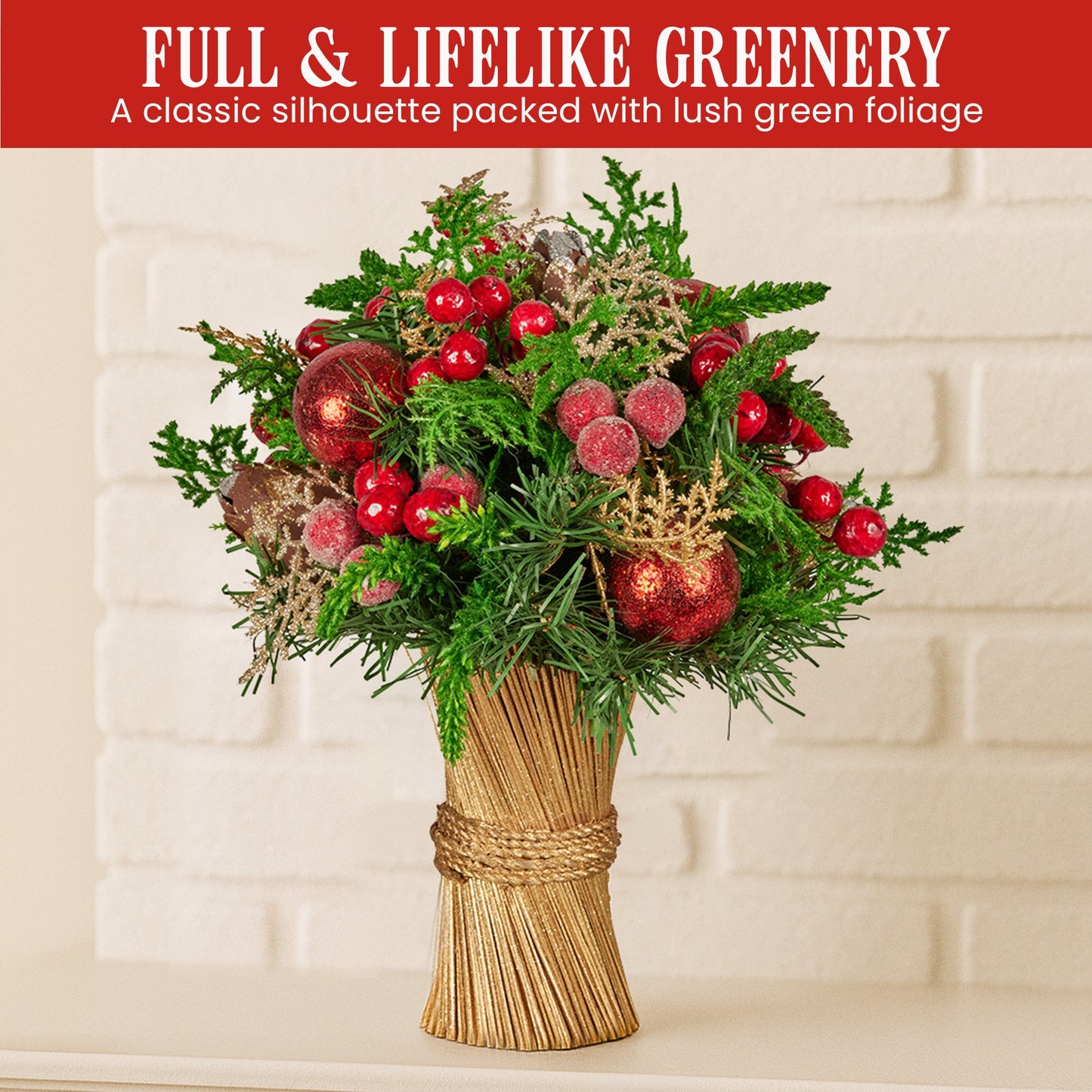 33cm Christmas Bouquet Pre-Decorated Holiday Floral Arrangement with Berries, Baubles & Pine Cones Festive Tabletop Centrepiece Decoration