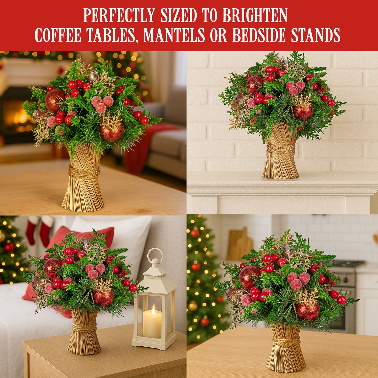 33cm Christmas Bouquet Pre-Decorated Holiday Floral Arrangement with Berries, Baubles & Pine Cones Festive Tabletop Centrepiece Decoration