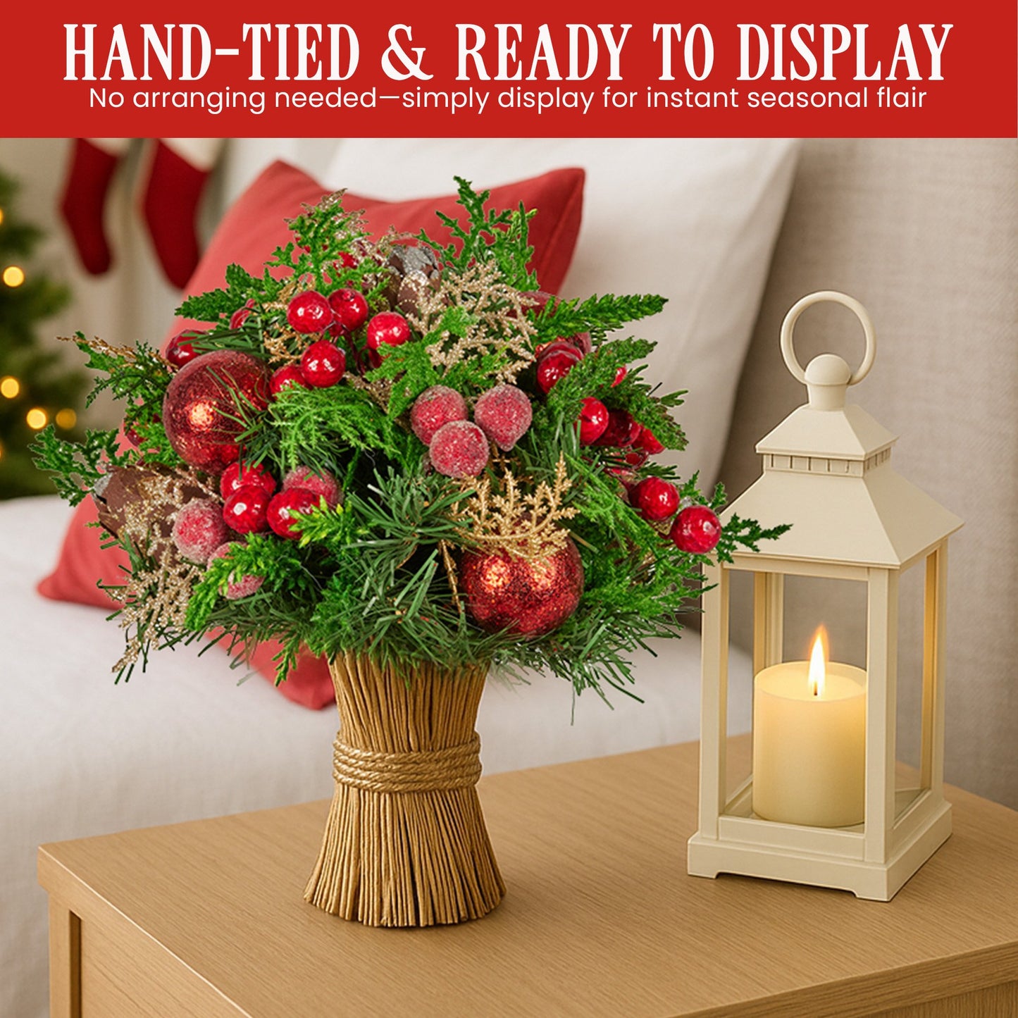 33cm Christmas Bouquet Pre-Decorated Holiday Floral Arrangement with Berries, Baubles & Pine Cones Festive Tabletop Centrepiece Decoration