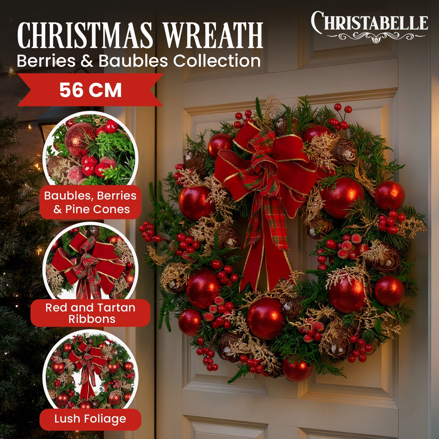 56cm Christmas Wreath Lush Green Holiday Door Wreath with Red Berries, Baubles & Pine Cones Pre-Decorated Festive Wall or Front Door Decoration