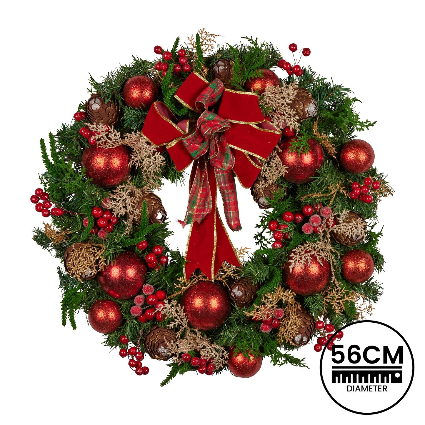 56cm Christmas Wreath Lush Green Holiday Door Wreath with Red Berries, Baubles & Pine Cones Pre-Decorated Festive Wall or Front Door Decoration