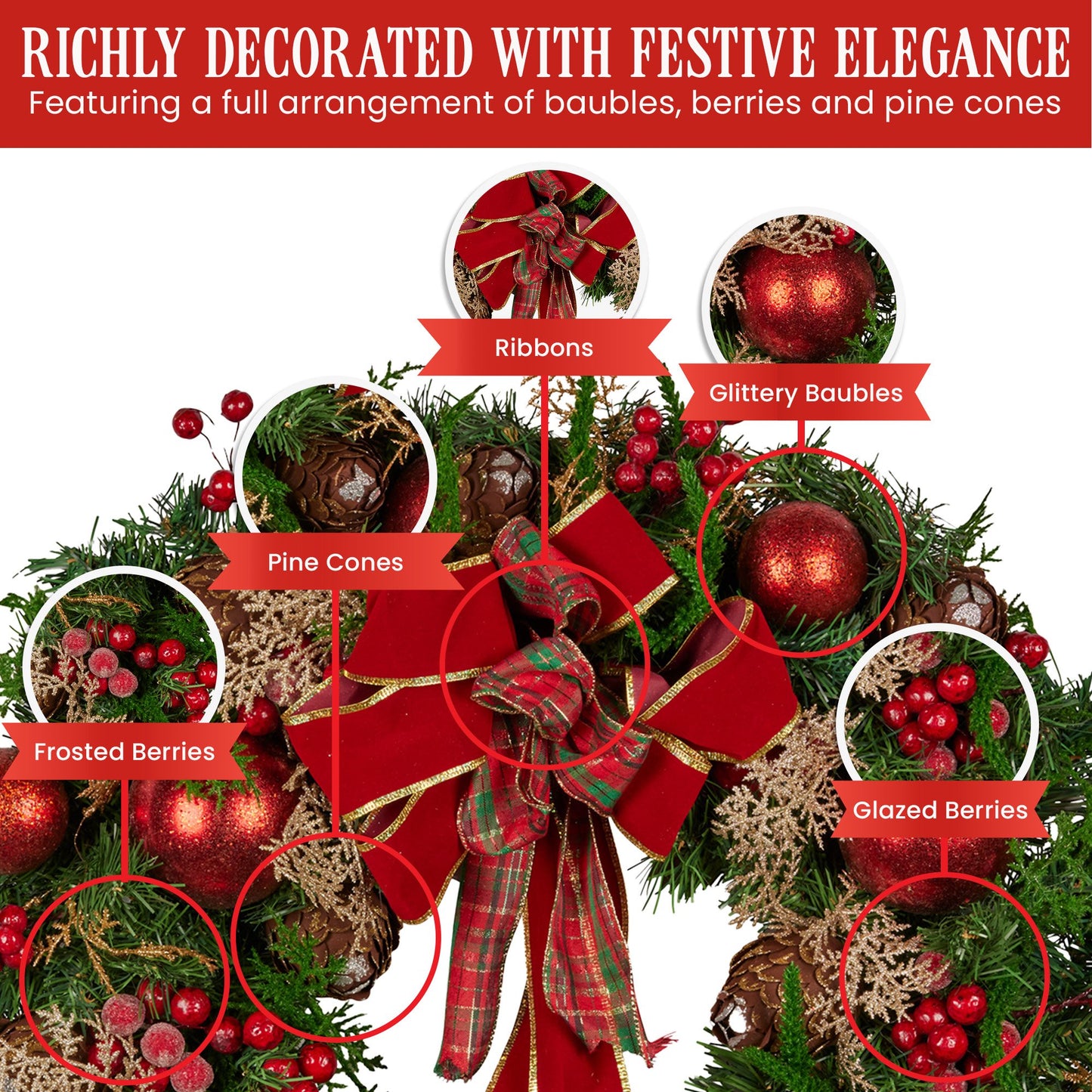 56cm Christmas Wreath Lush Green Holiday Door Wreath with Red Berries, Baubles & Pine Cones Pre-Decorated Festive Wall or Front Door Decoration