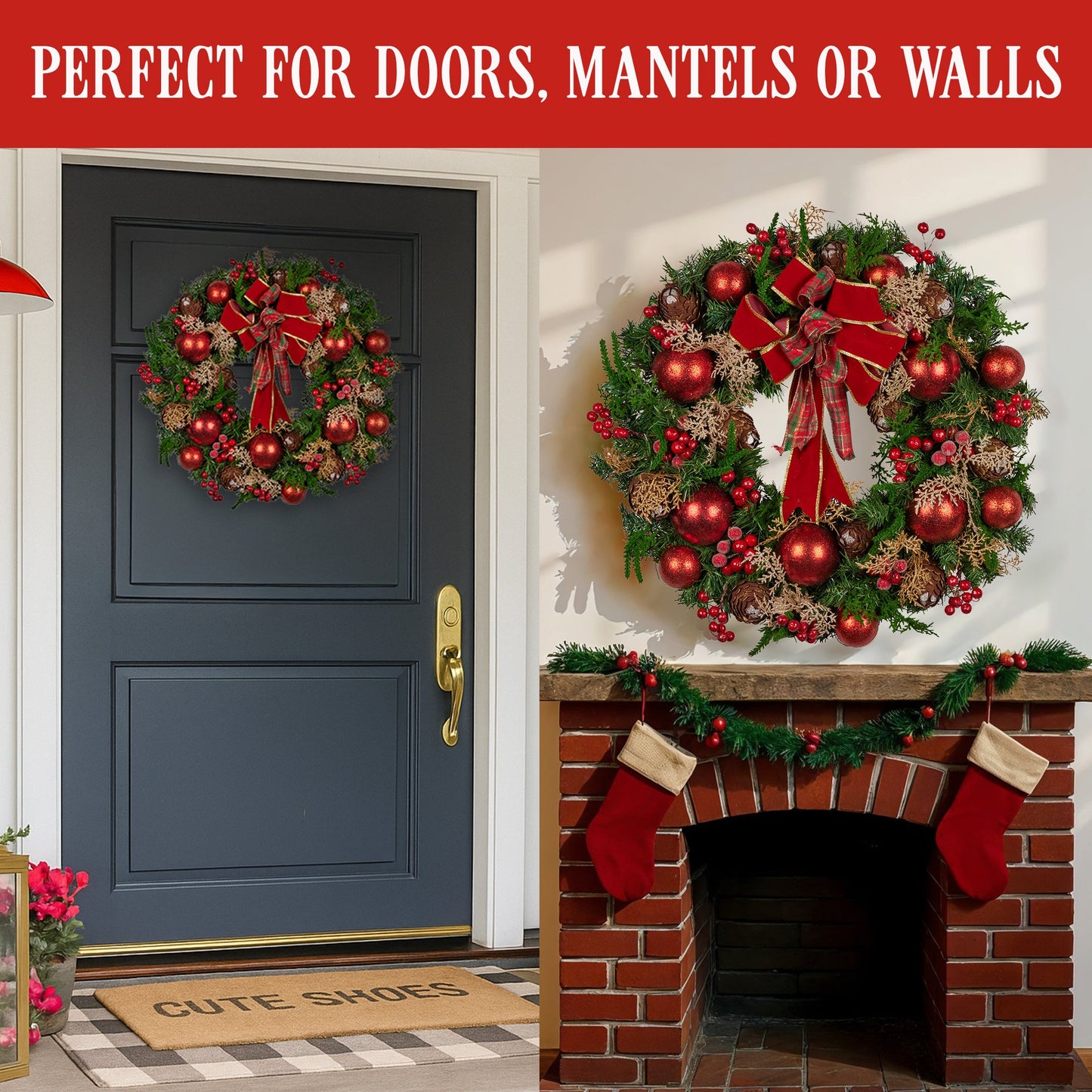 56cm Christmas Wreath Lush Green Holiday Door Wreath with Red Berries, Baubles & Pine Cones Pre-Decorated Festive Wall or Front Door Decoration