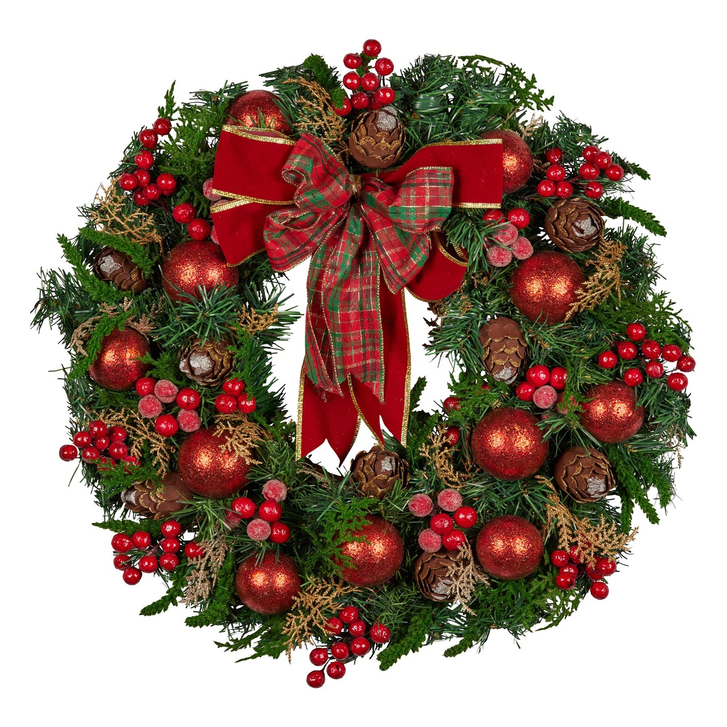 71cm Christmas Wreath Lush Green Holiday Door Wreath with Red Berries, Baubles & Pine Cones Pre-Decorated Festive Wall or Front Door Decoration