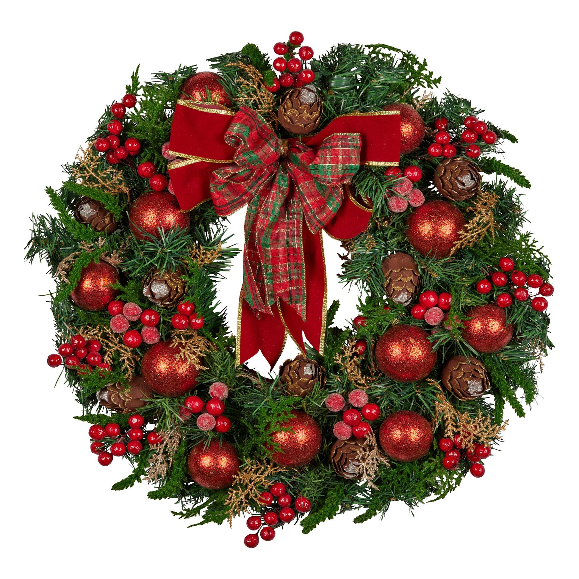 71cm Christmas Wreath Lush Green Holiday Door Wreath with Red Berries, Baubles & Pine Cones Pre-Decorated Festive Wall or Front Door Decoration