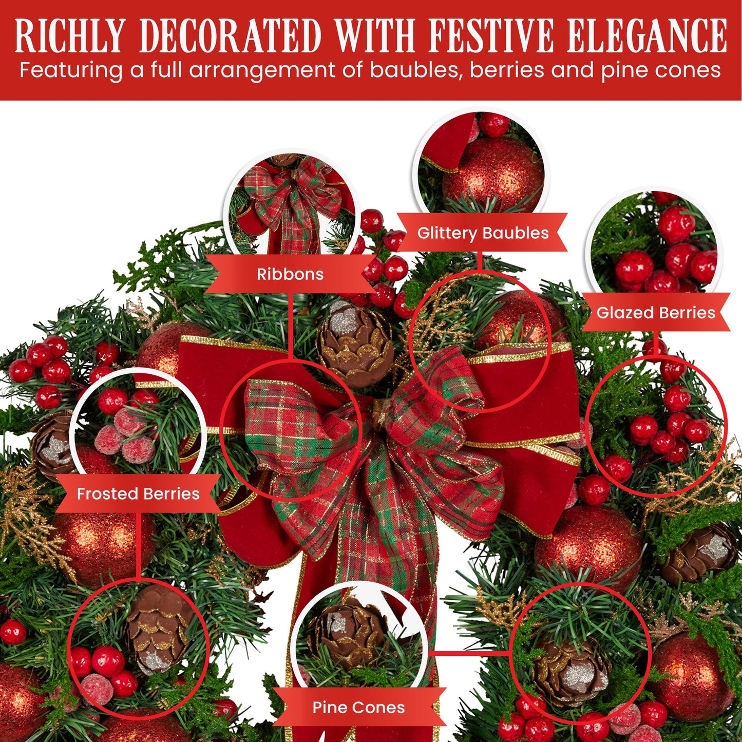 71cm Christmas Wreath Lush Green Holiday Door Wreath with Red Berries, Baubles & Pine Cones Pre-Decorated Festive Wall or Front Door Decoration