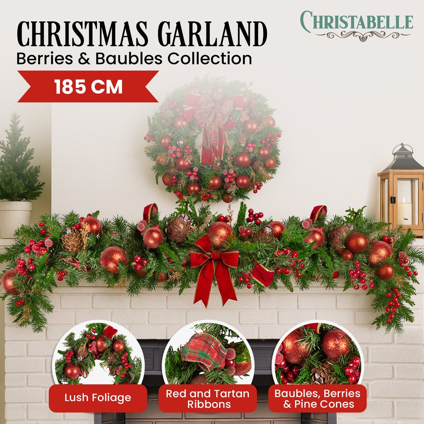 185cm Christmas Garland Lush Green Holiday Garland with Red Berries, Baubles & Pine Cones Pre-Decorated Festive Shelf or Banister Decoration