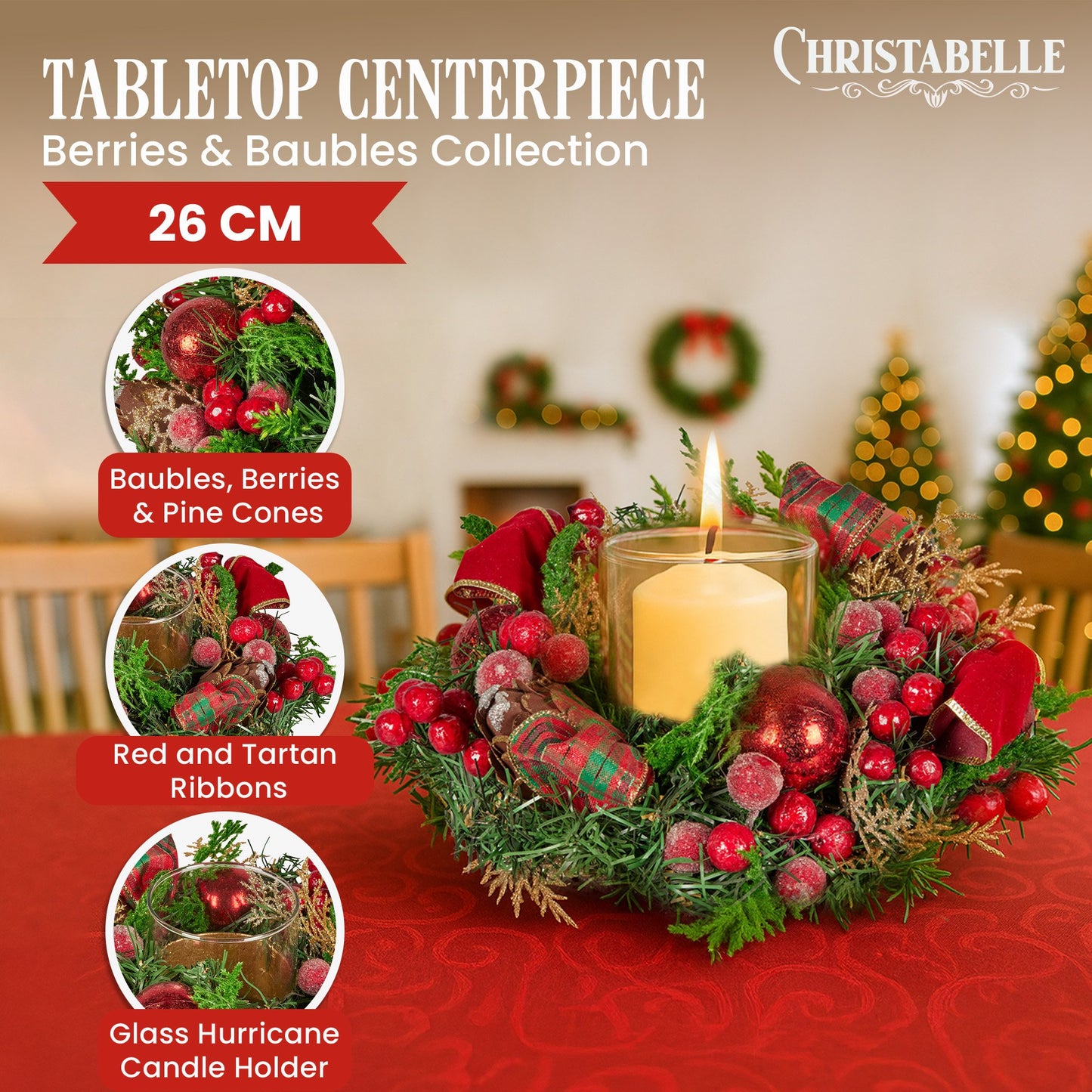 26cm Christmas Centrepiece Lush Green Holiday Display w/Red Berries & Hurricane Candle Holder Pre-decorated for Dining Table Console