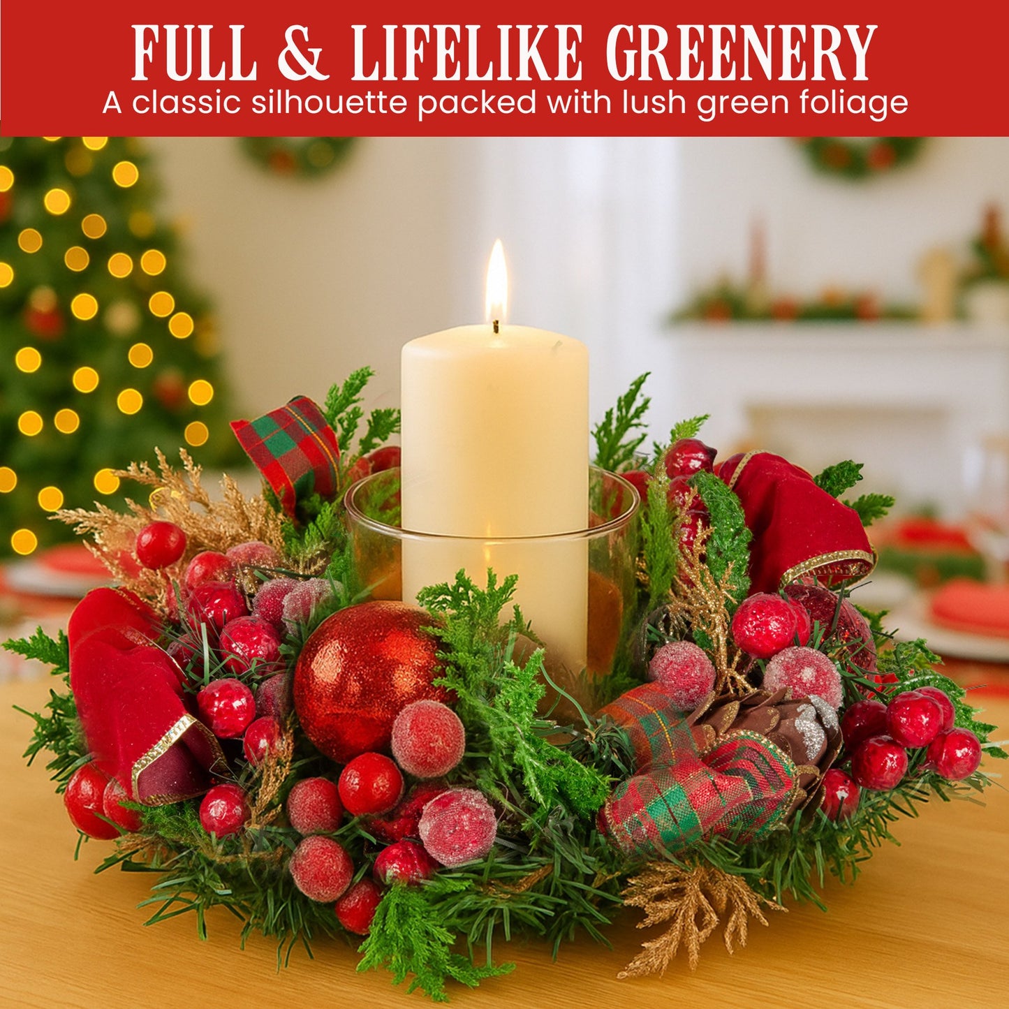 26cm Christmas Centrepiece Lush Green Holiday Display w/Red Berries & Hurricane Candle Holder Pre-decorated for Dining Table Console