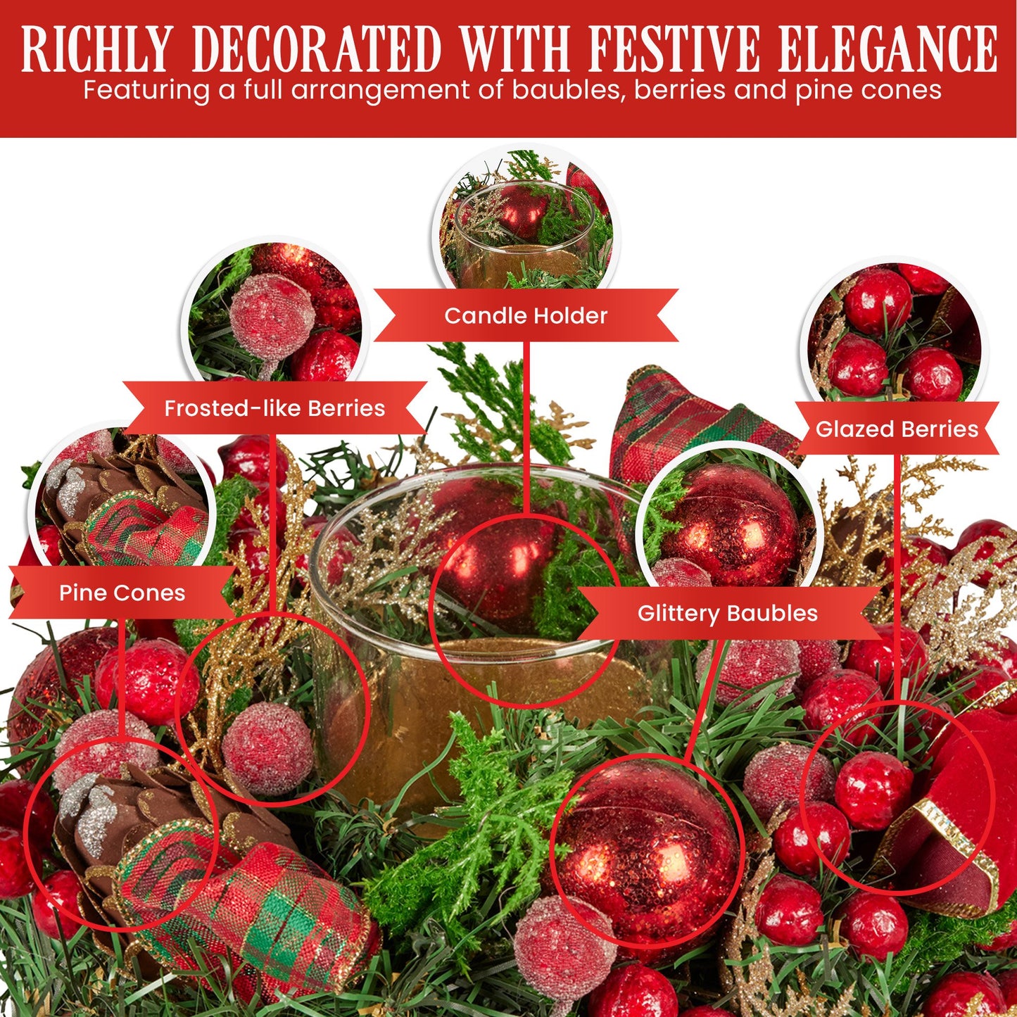 26cm Christmas Centrepiece Lush Green Holiday Display w/Red Berries & Hurricane Candle Holder Pre-decorated for Dining Table Console