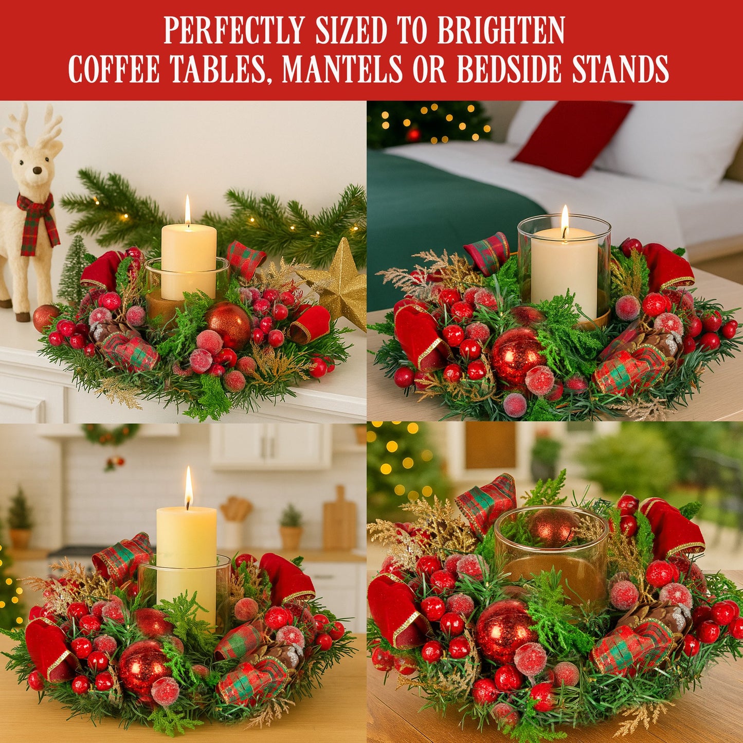 26cm Christmas Centrepiece Lush Green Holiday Display w/Red Berries & Hurricane Candle Holder Pre-decorated for Dining Table Console