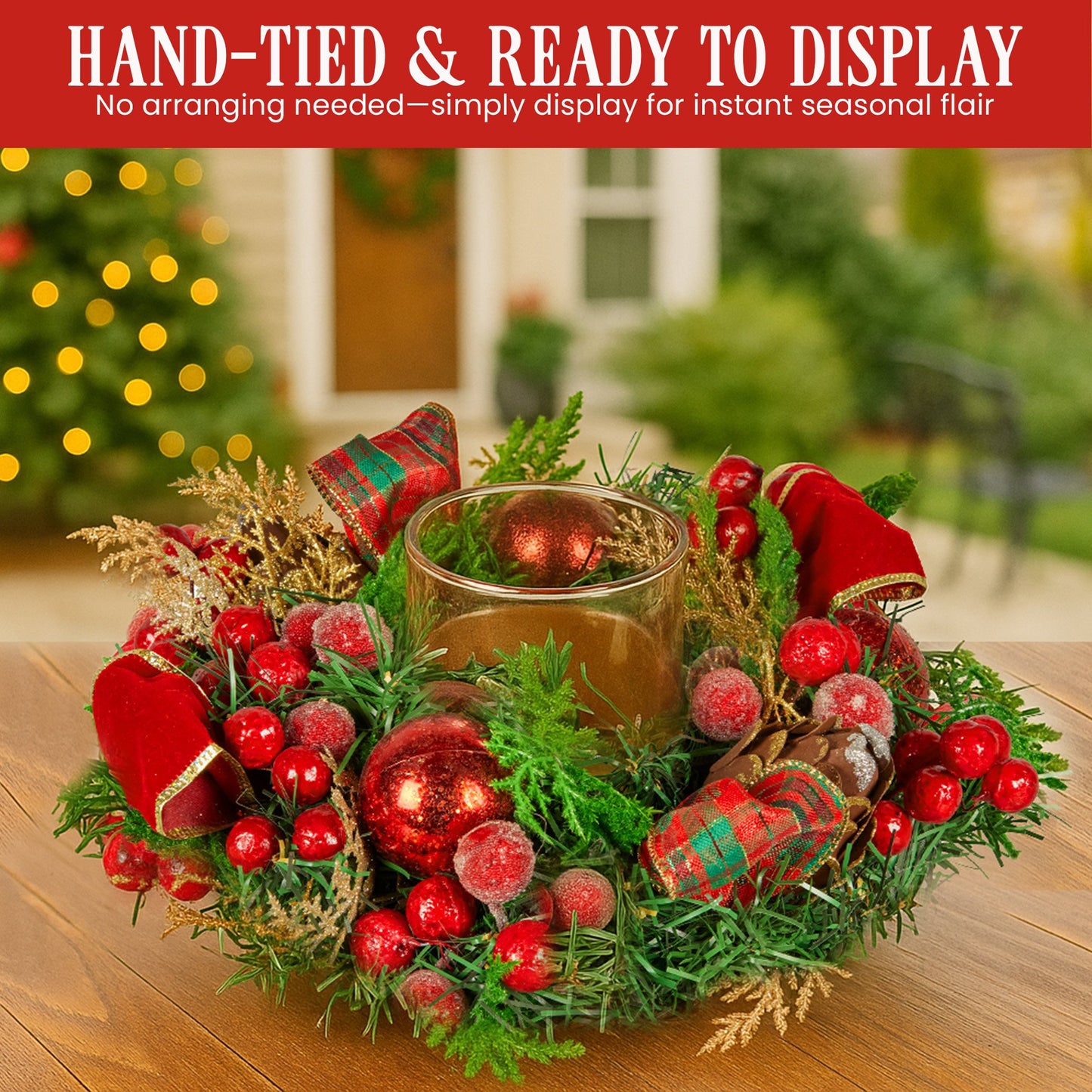 26cm Christmas Centrepiece Lush Green Holiday Display w/Red Berries & Hurricane Candle Holder Pre-decorated for Dining Table Console