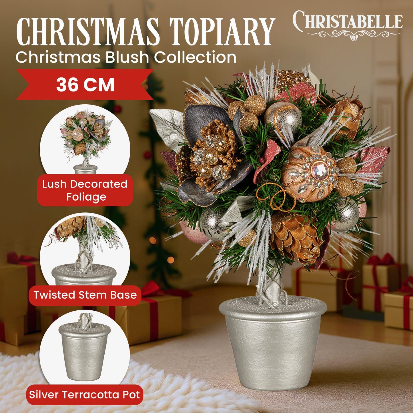 36cm Christmas Tabletop Topiary Tree Jewelled Baubles, Berries, Flowers and Pine Cones Festive Decoration