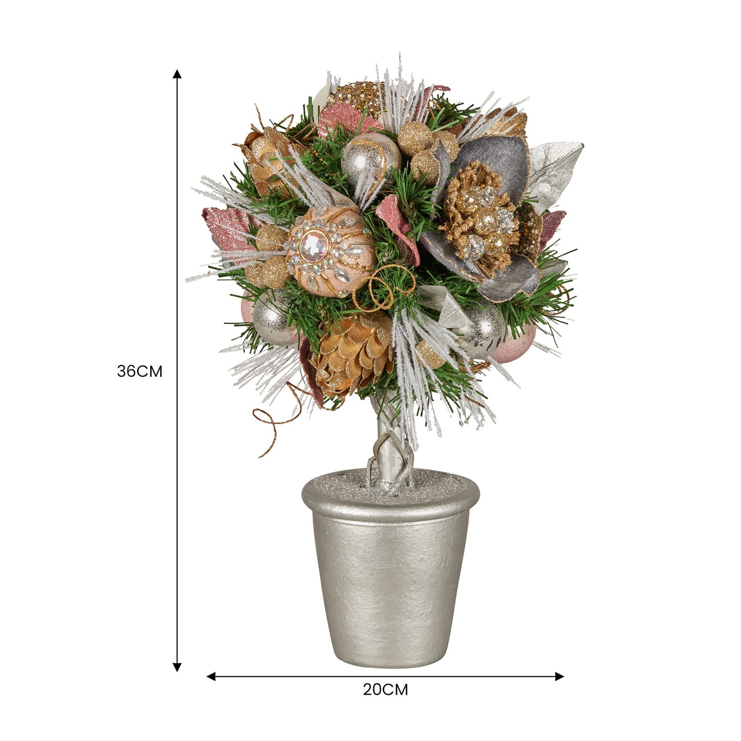 36cm Christmas Tabletop Topiary Tree Jewelled Baubles, Berries, Flowers and Pine Cones Festive Decoration