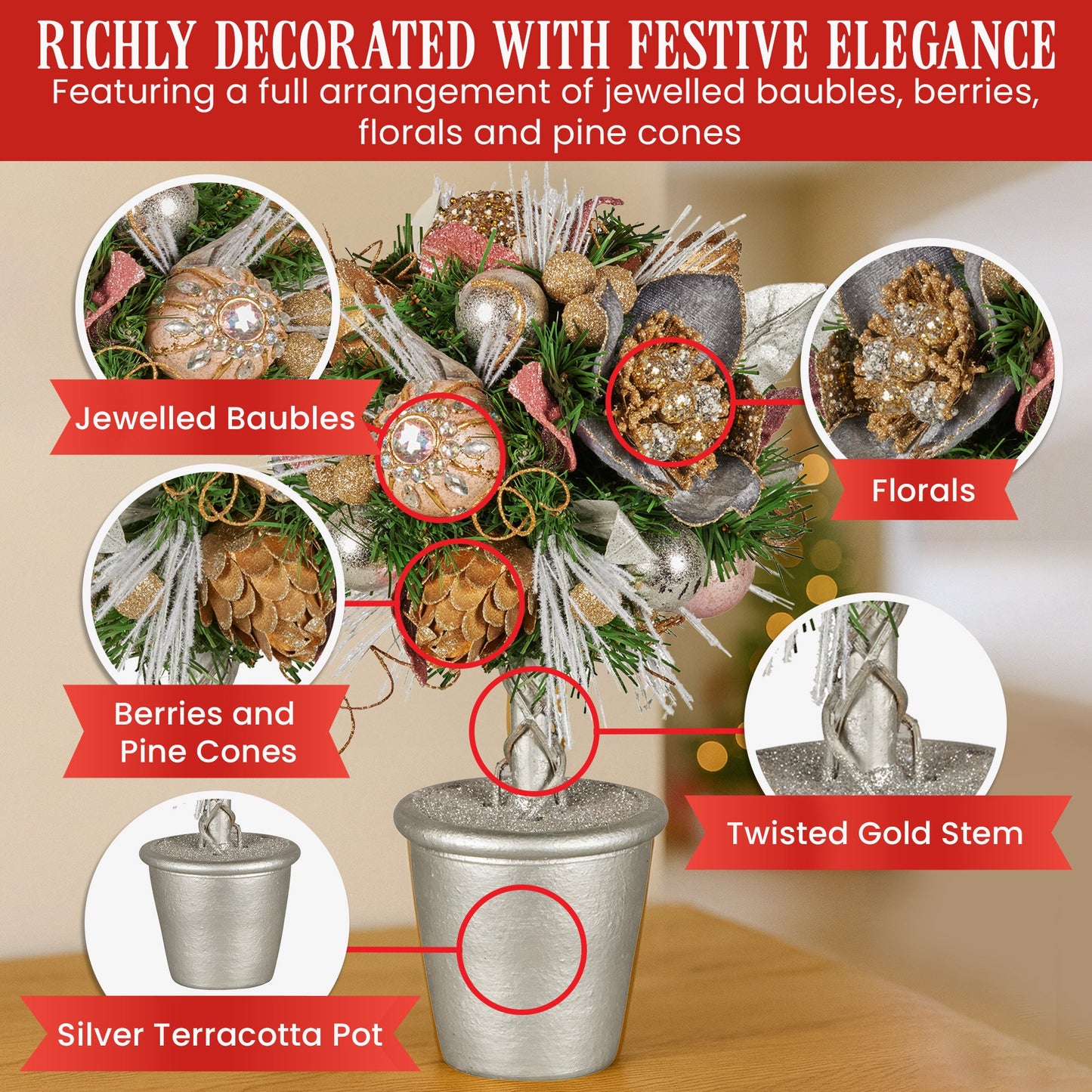 36cm Christmas Tabletop Topiary Tree Jewelled Baubles, Berries, Flowers and Pine Cones Festive Decoration