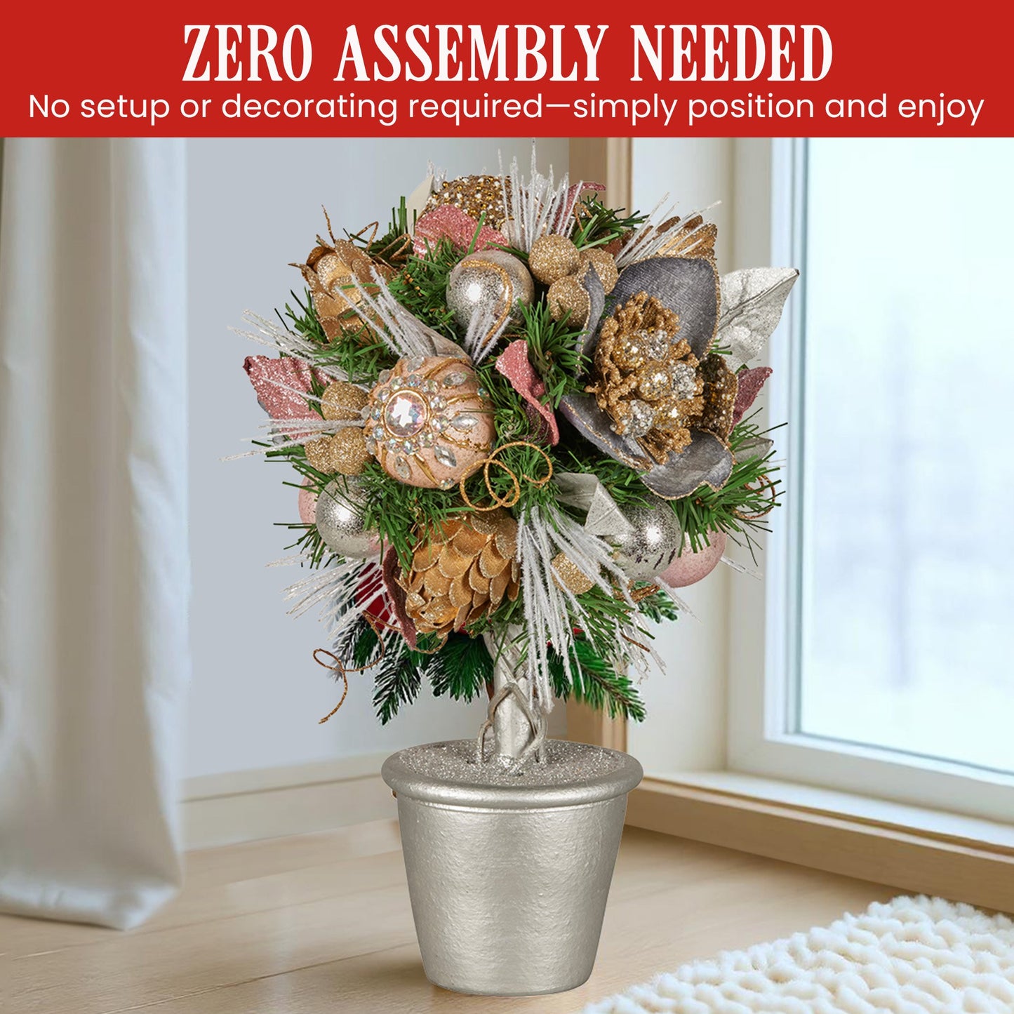 36cm Christmas Tabletop Topiary Tree Jewelled Baubles, Berries, Flowers and Pine Cones Festive Decoration