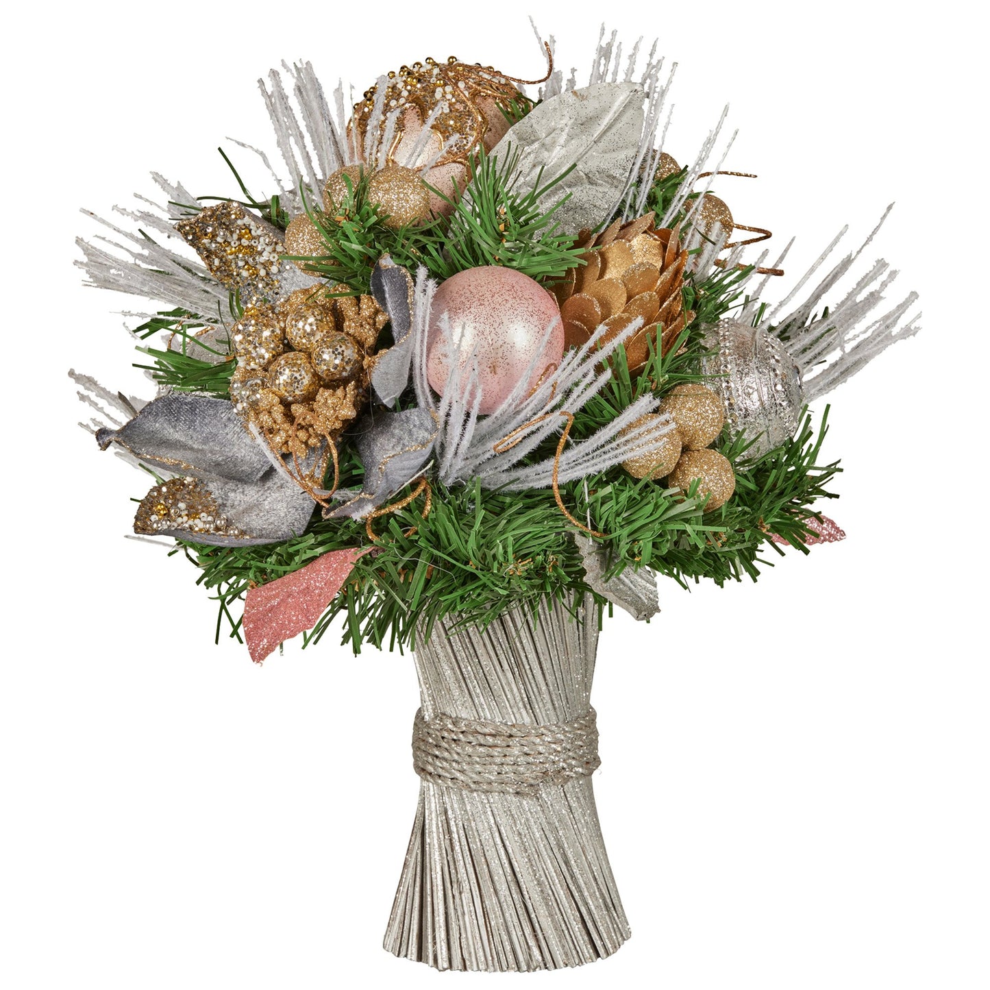 33cm Christmas Bouquet Pre Decorated Holiday Floral Arrangement w/Jewelled Baubles, Berries, Flowers & Pine