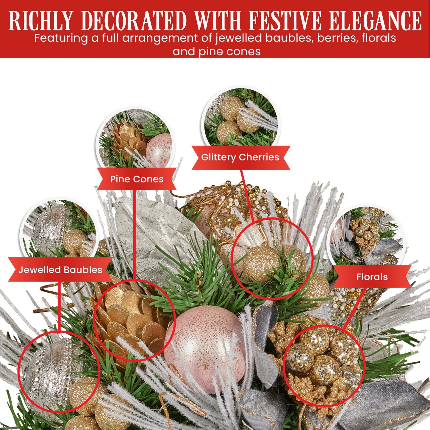 33cm Christmas Bouquet Pre Decorated Holiday Floral Arrangement w/Jewelled Baubles, Berries, Flowers & Pine