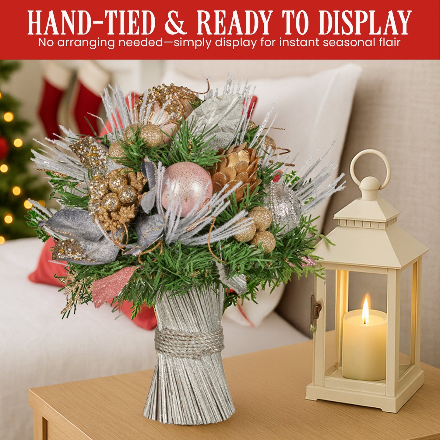 33cm Christmas Bouquet Pre Decorated Holiday Floral Arrangement w/Jewelled Baubles, Berries, Flowers & Pine