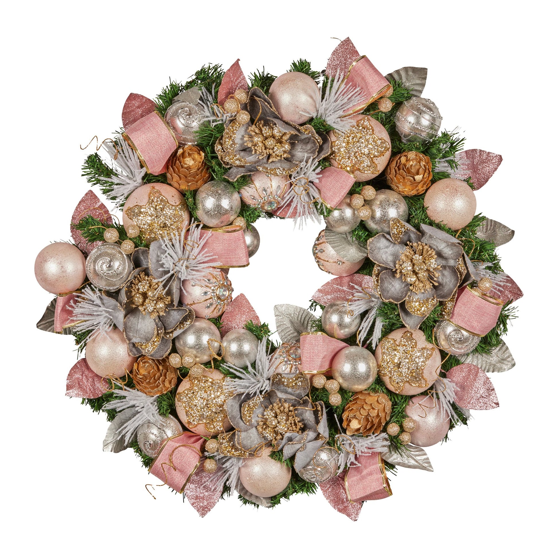 71cm Christmas Wreath Lush Green Holiday Door Wreath w/Jewelled Baubles, Foliage, Flowers, Ribbon & Berries