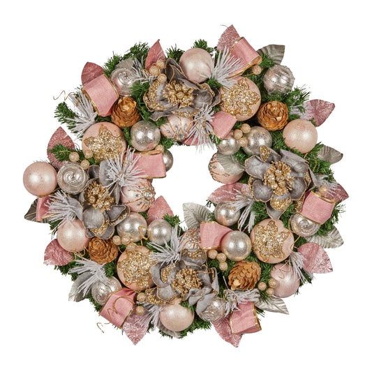 71cm Christmas Wreath Lush Green Holiday Door Wreath w/Jewelled Baubles, Foliage, Flowers, Ribbon & Berries