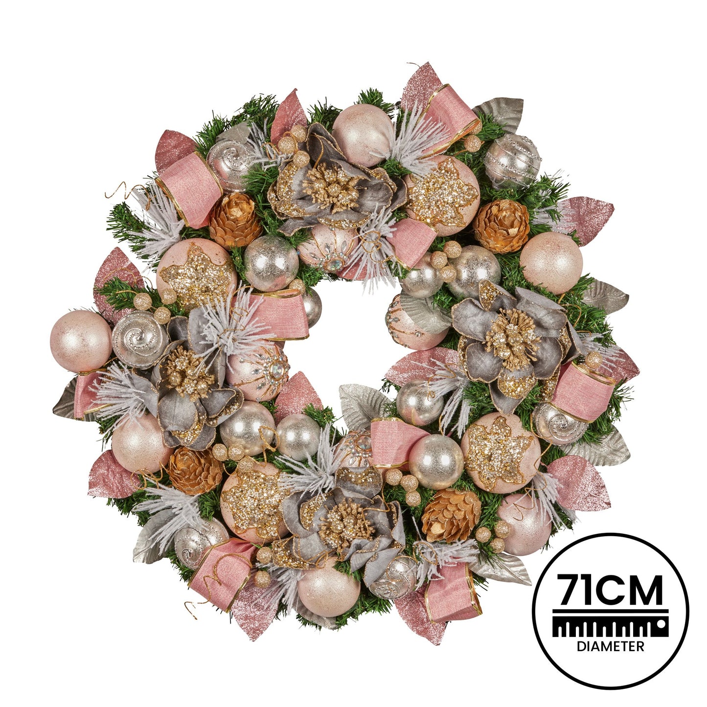 71cm Christmas Wreath Lush Green Holiday Door Wreath w/Jewelled Baubles, Foliage, Flowers, Ribbon & Berries