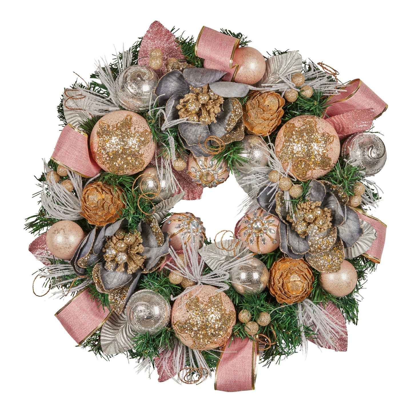 56cm Christmas Wreath Lush Green Holiday Door Wreath w/Jewelled Baubles, Foliage, Flowers, Pine Cones, Ribb