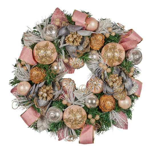 56cm Christmas Wreath Lush Green Holiday Door Wreath w/Jewelled Baubles, Foliage, Flowers, Pine Cones, Ribb