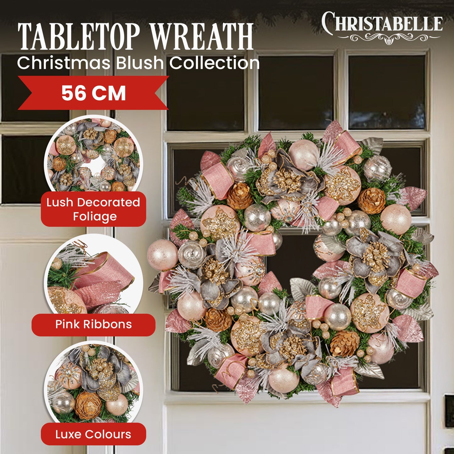 56cm Christmas Wreath Lush Green Holiday Door Wreath w/Jewelled Baubles, Foliage, Flowers, Pine Cones, Ribb