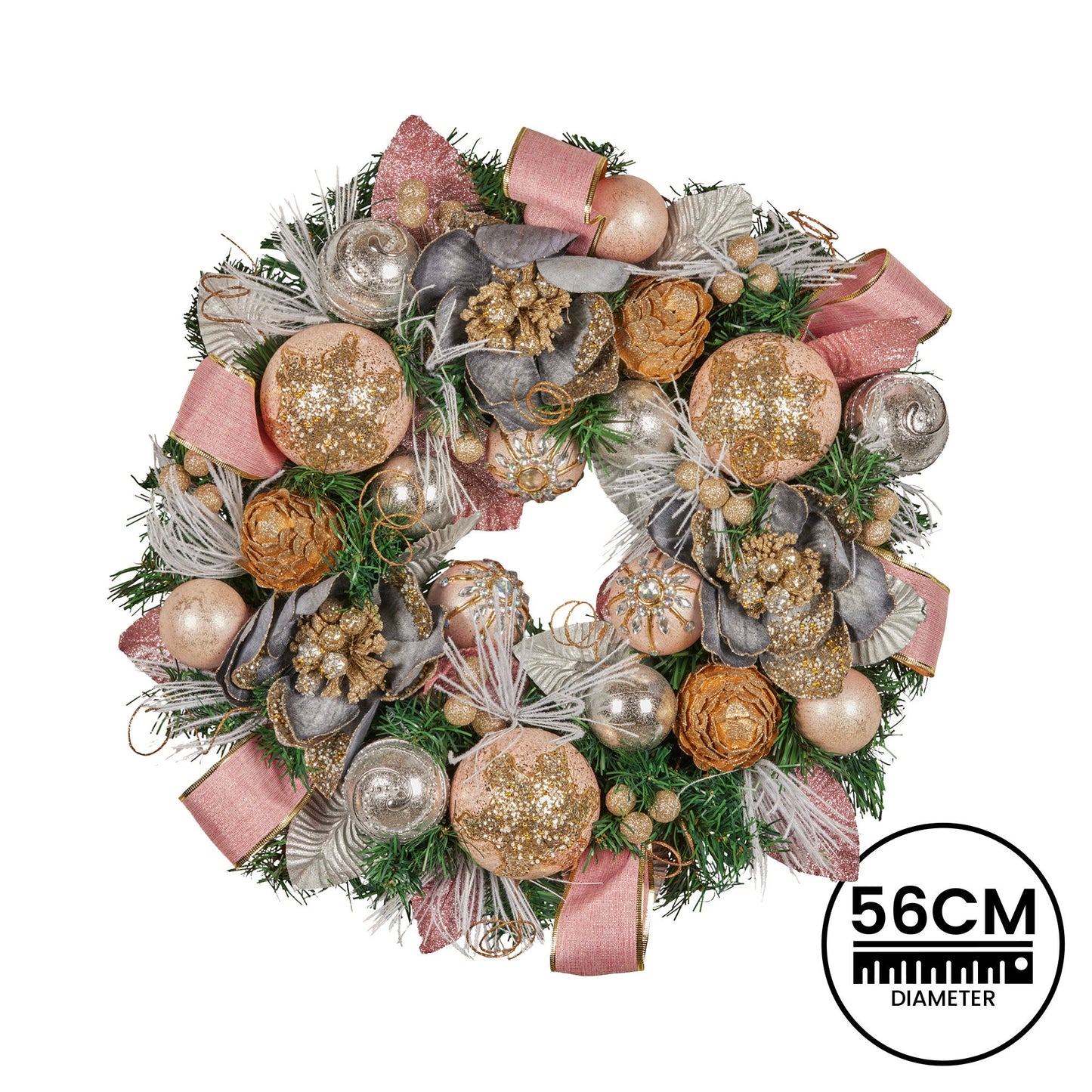 56cm Christmas Wreath Lush Green Holiday Door Wreath w/Jewelled Baubles, Foliage, Flowers, Pine Cones, Ribb