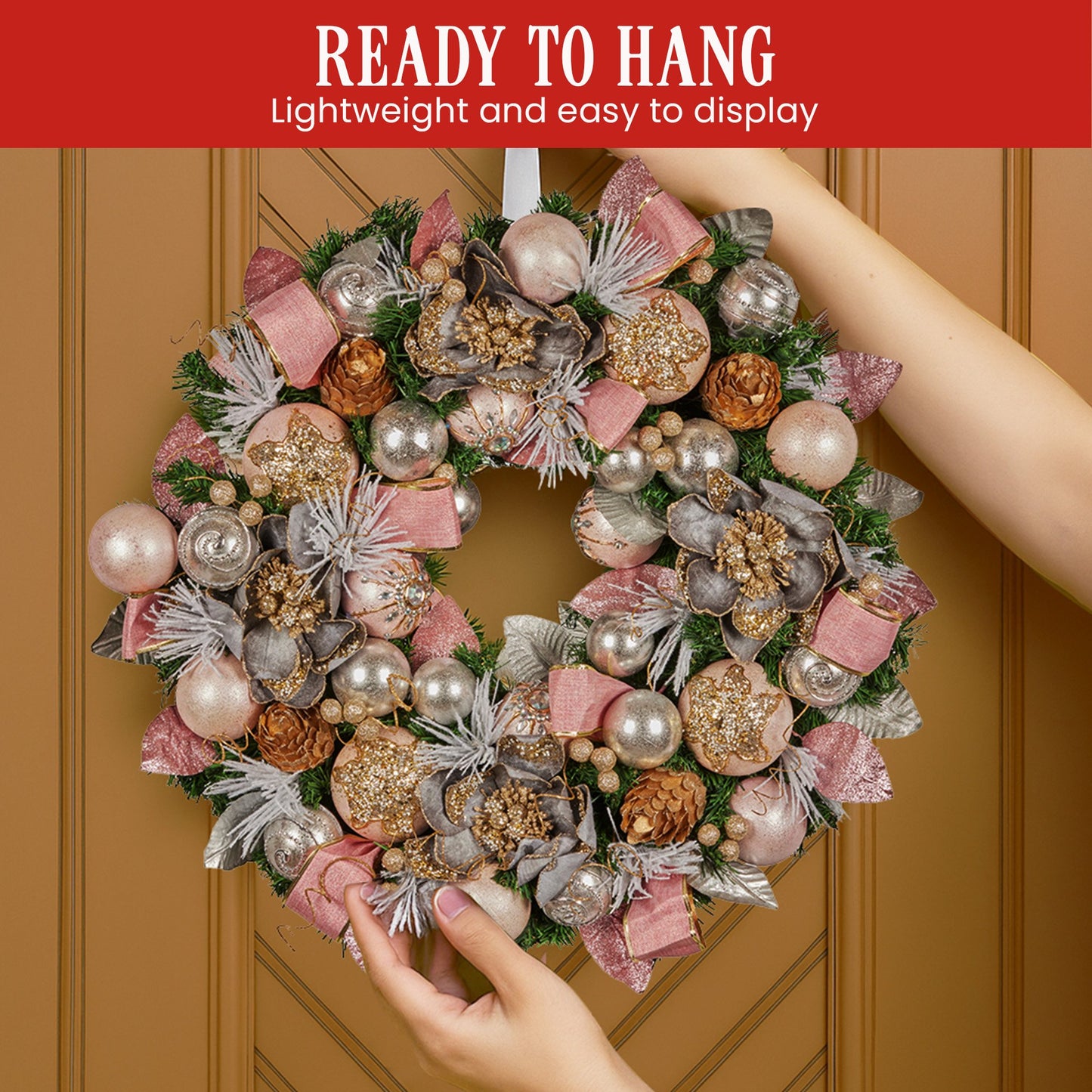 56cm Christmas Wreath Lush Green Holiday Door Wreath w/Jewelled Baubles, Foliage, Flowers, Pine Cones, Ribb