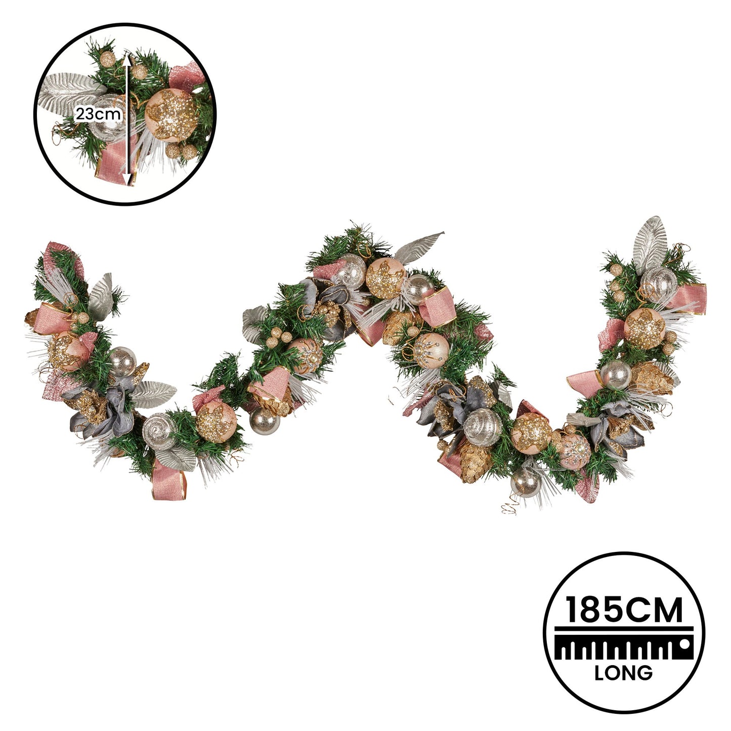 185cm Christmas Garland Lush Green Holiday Door Garland w/Jewelled Baubles, Flowers, Ribbon & Berries