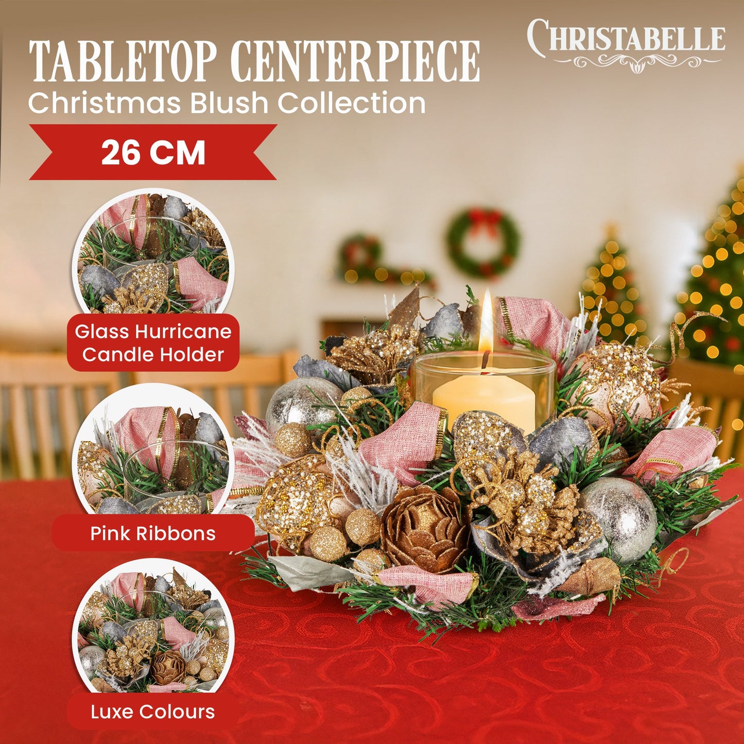 26cm Christmas Centrepiece Lush Green Holiday w/Jewelled Baubles, Foliage, Flowers, Pine Cones, Ribbon