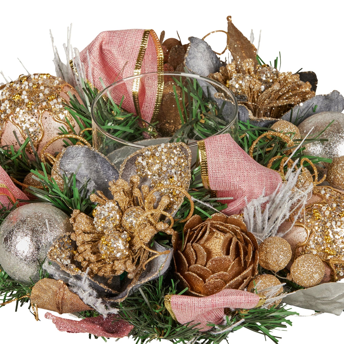 26cm Christmas Centrepiece Lush Green Holiday w/Jewelled Baubles, Foliage, Flowers, Pine Cones, Ribbon