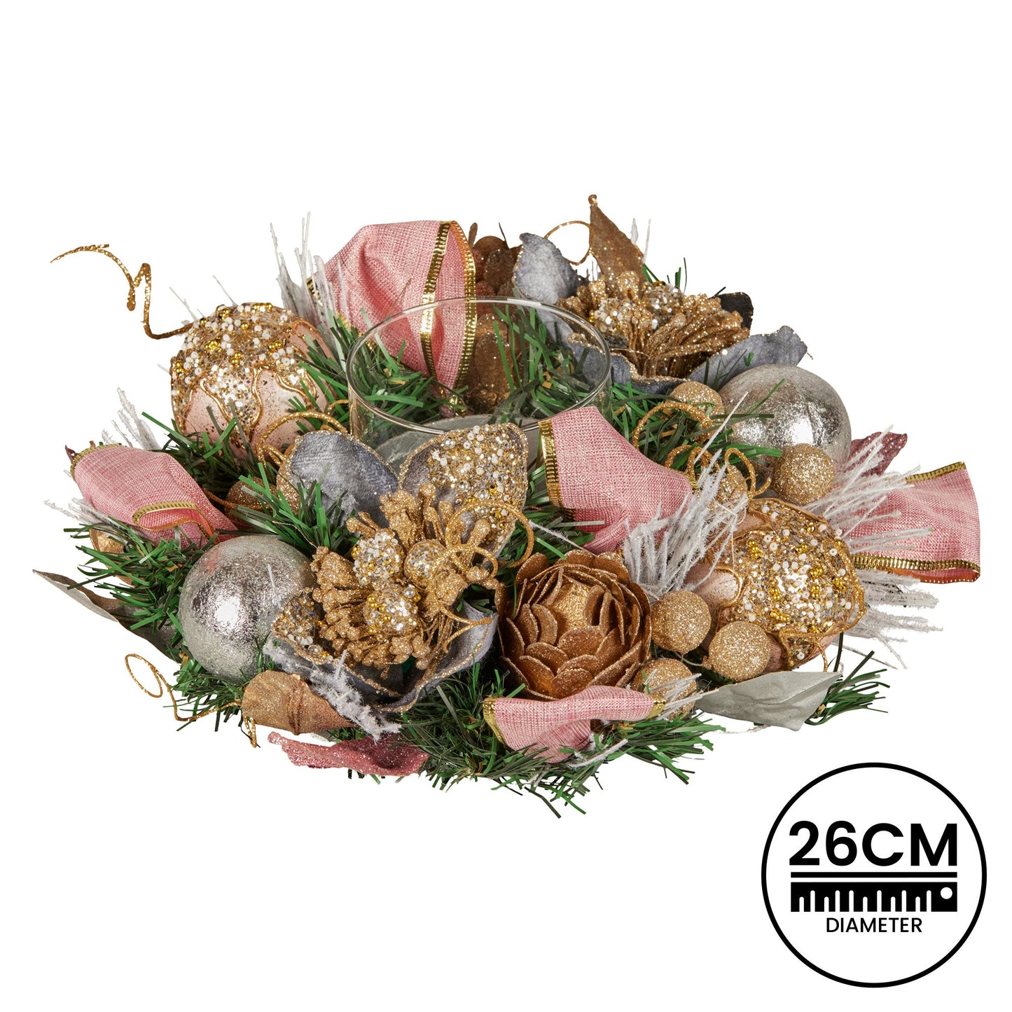 26cm Christmas Centrepiece Lush Green Holiday w/Jewelled Baubles, Foliage, Flowers, Pine Cones, Ribbon
