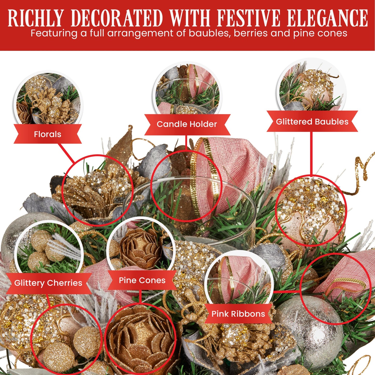 26cm Christmas Centrepiece Lush Green Holiday w/Jewelled Baubles, Foliage, Flowers, Pine Cones, Ribbon