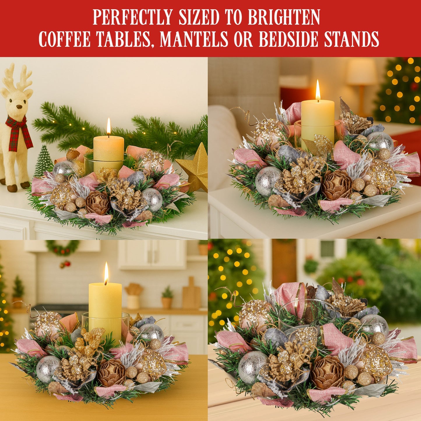 26cm Christmas Centrepiece Lush Green Holiday w/Jewelled Baubles, Foliage, Flowers, Pine Cones, Ribbon
