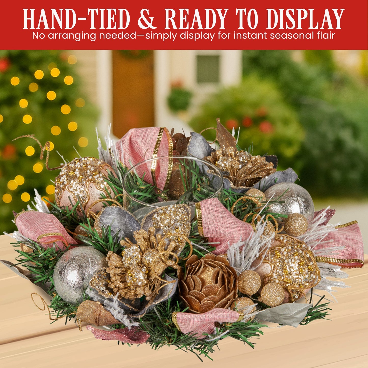 26cm Christmas Centrepiece Lush Green Holiday w/Jewelled Baubles, Foliage, Flowers, Pine Cones, Ribbon