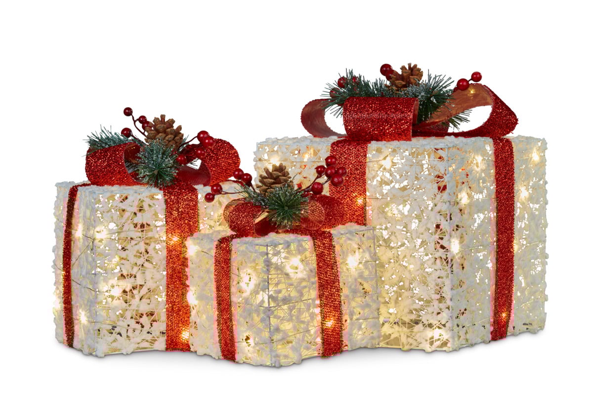 3 Piece Christmas Present Display Set With Lights & Red Bows
