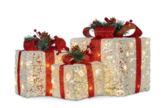 3 Piece Christmas Present Display Set With Lights & Red Bows
