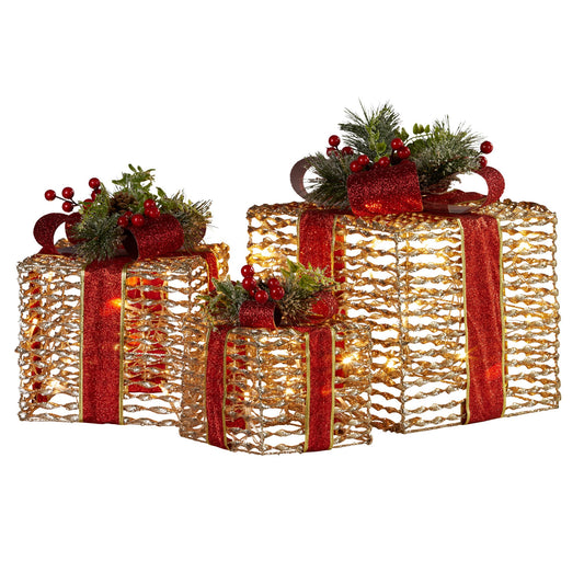 Set Of 3 Christmas Gift Boxes With Lights - Champagne With Red Bows