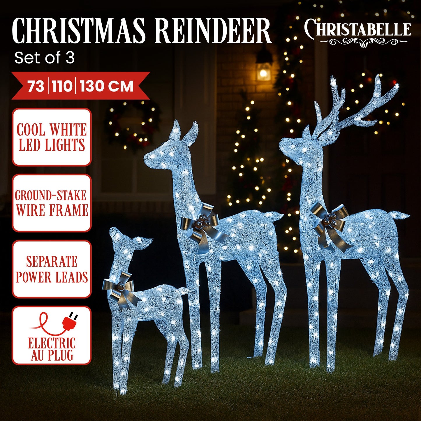 Christmas Reindeer Display Set 3 Indoor & Outdoor Decorations Acrylic Beads Cool White LED Lights Silver