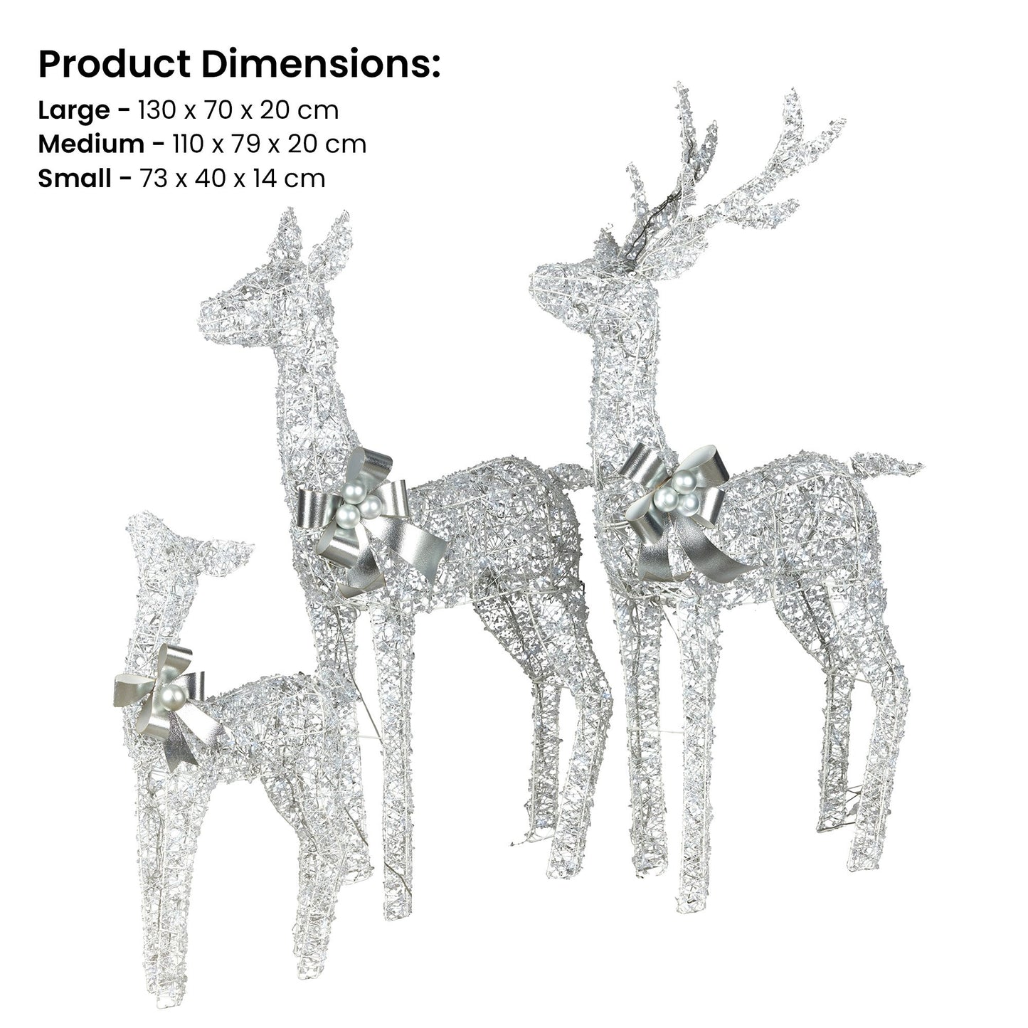 Christmas Reindeer Display Set 3 Indoor & Outdoor Decorations Acrylic Beads Cool White LED Lights Silver